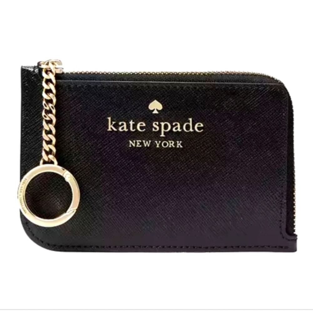 Kate Spade Cameron Medium L-Zip Leather Black Card Holder Saffiano Leather NWOT